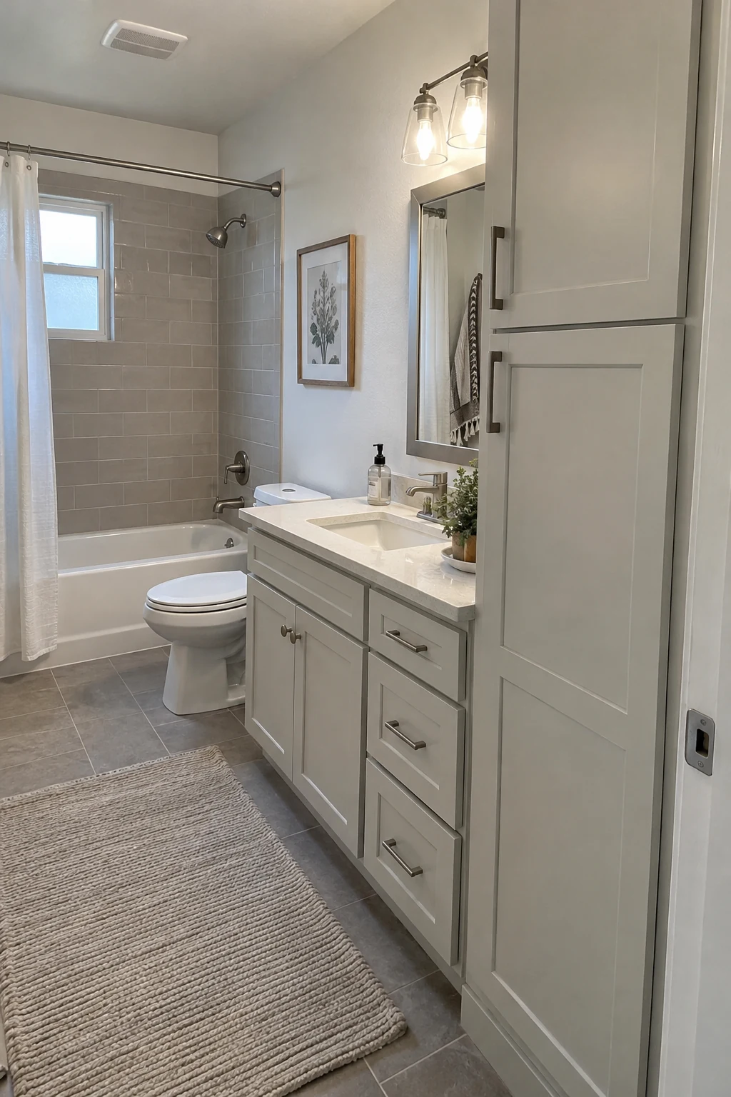 Slim linen tower fitted beside a bathroom vanity without blocking the aisle
