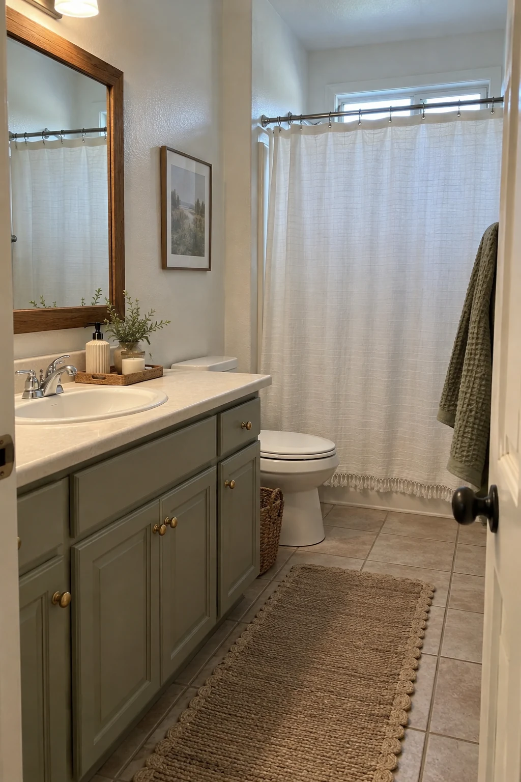 Rental bathroom refreshed with removable mirror frame textiles and swapped hardware