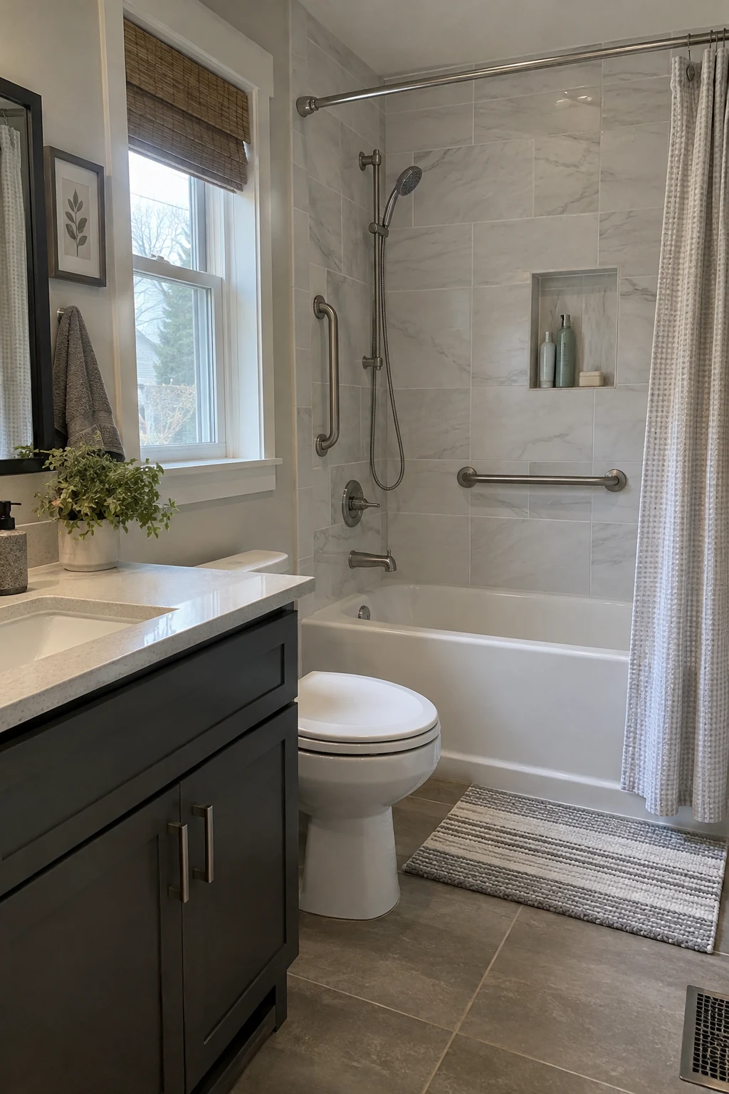 Renovated shower wall with discreet grab bars supported by planned blocking