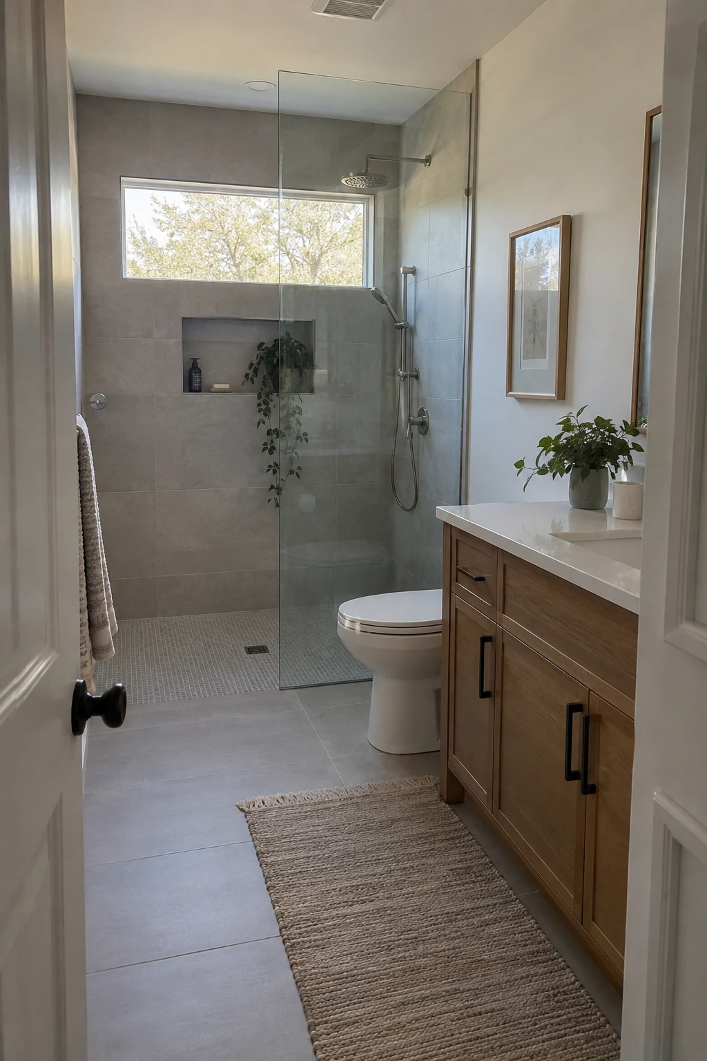 Bathroom with a carefully detailed curbless shower and fixed glass panel