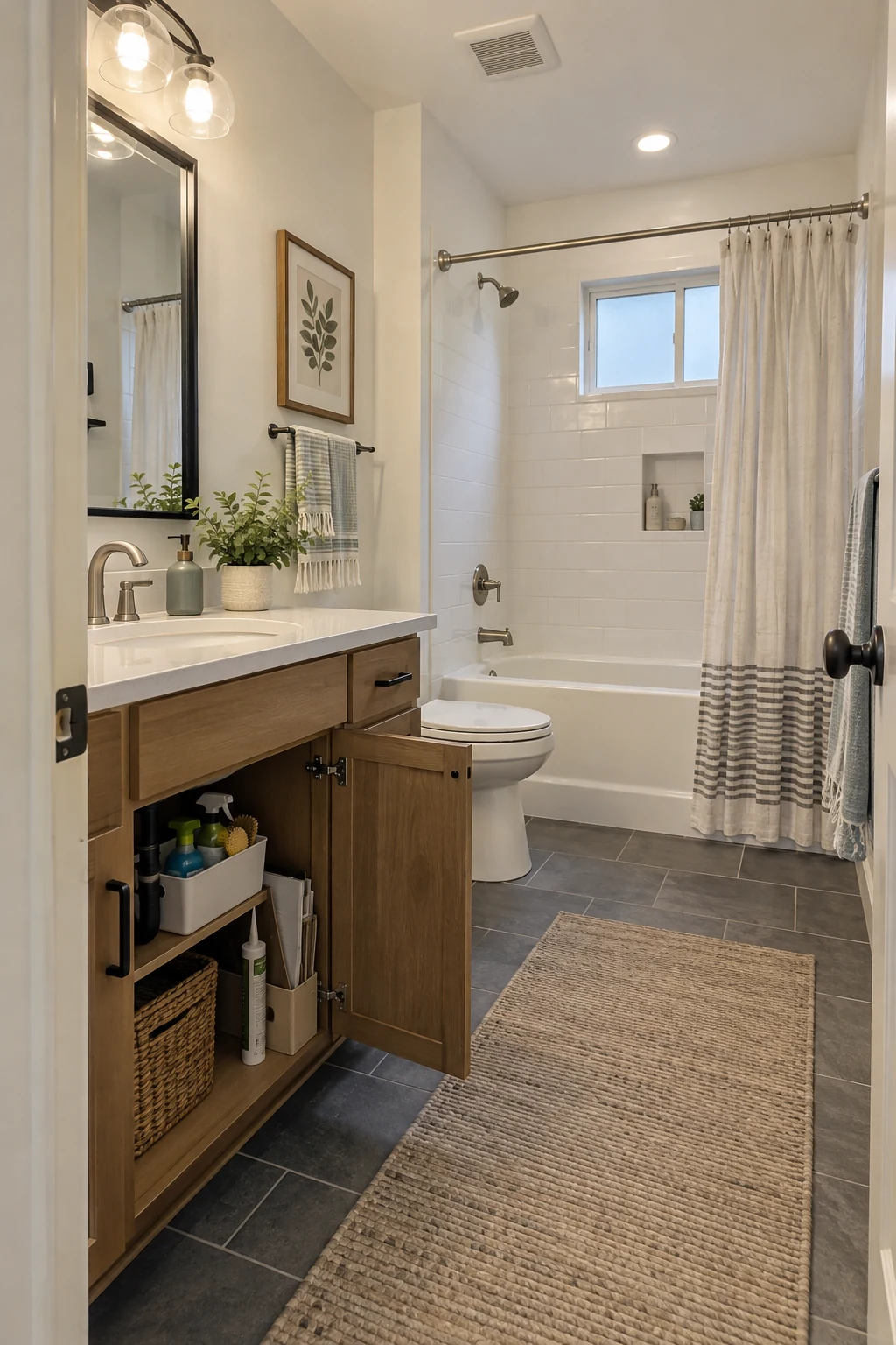 Finished bathroom with a small organized cleaning caddy stored in the vanity