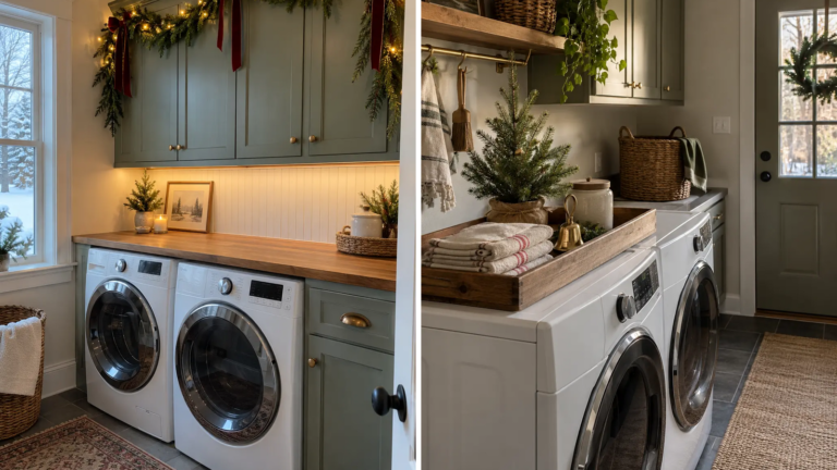 Christmas laundry room with lit cabinet garland beside a washer-top mini tree tray