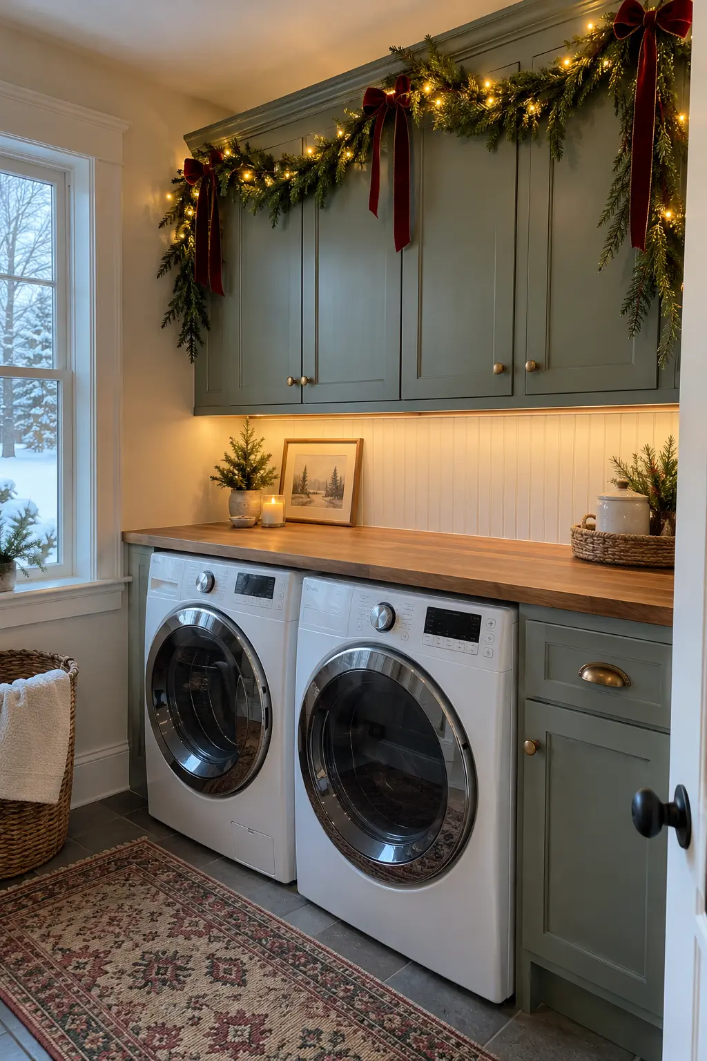 Compact white laundry room with a slim evergreen garland, tiny warm lights, and cranberry ribbons above the upper cabinets