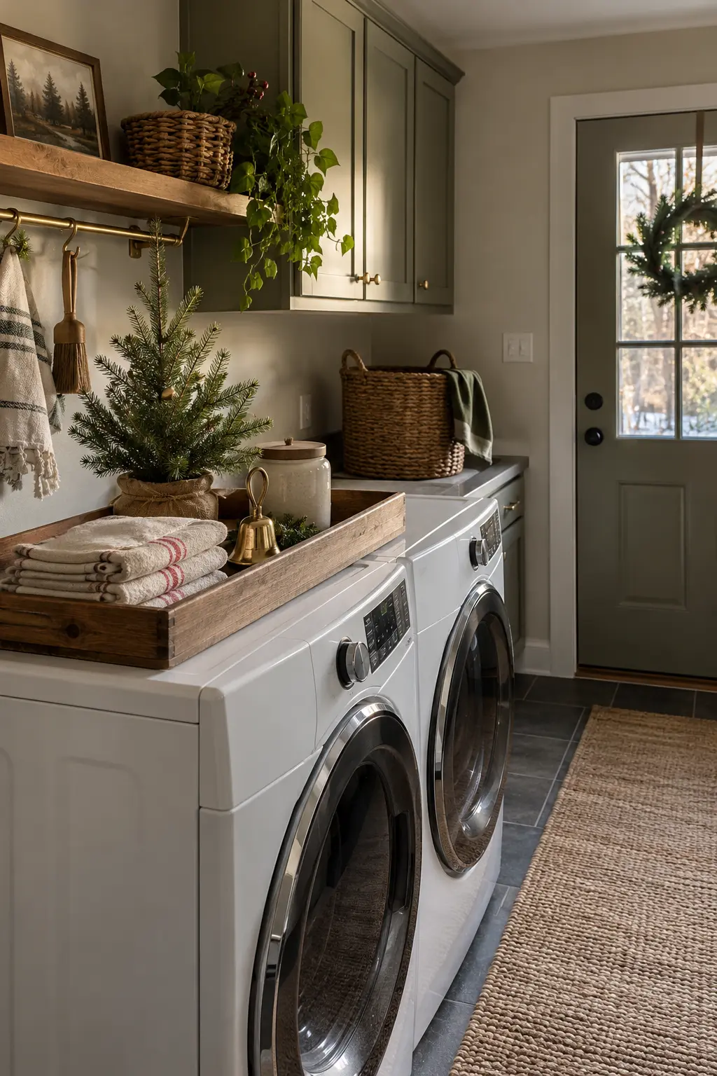 Laundry room with a removable wood tray on a front-loading washer, a small tabletop evergreen, folded linen, and brass bell