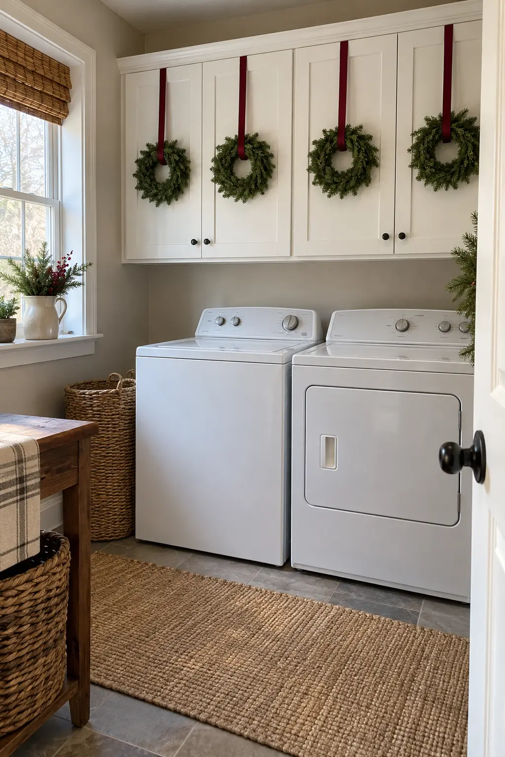 Laundry room wall cabinets with four small realistic evergreen wreaths hung on narrow cranberry ribbons above white appliances