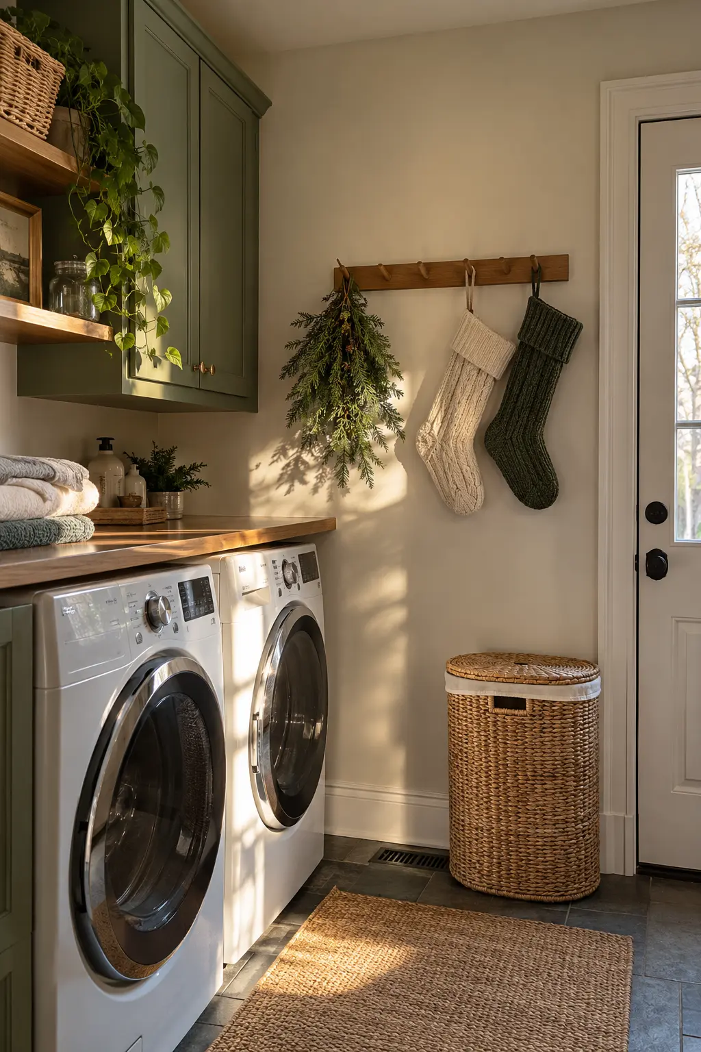 Laundry room peg rail styled with two simple knit stockings, short cedar sprigs, and an otherwise clear wall