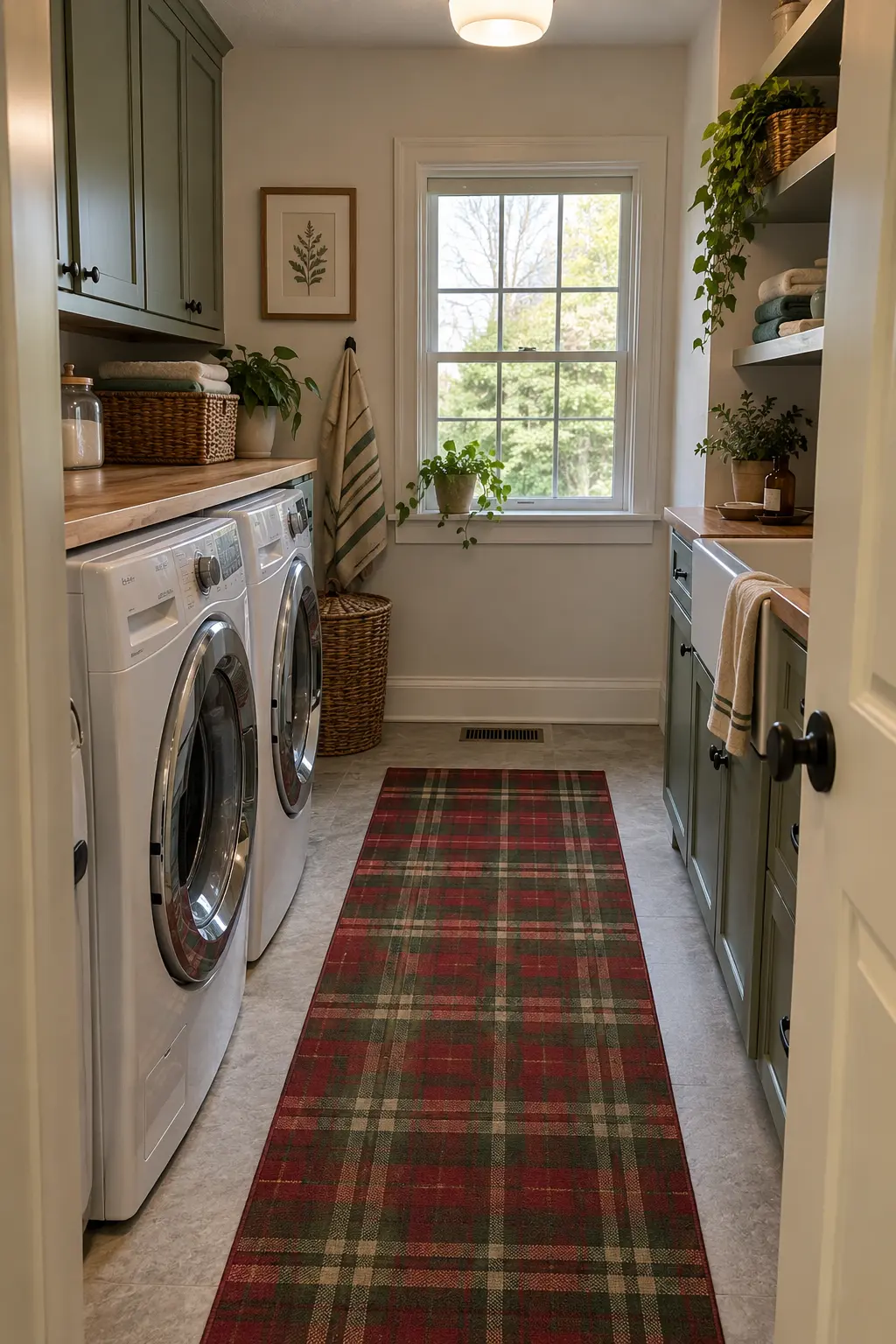 Narrow laundry room with a flat washable muted red and forest green plaid runner centered before washer and dryer