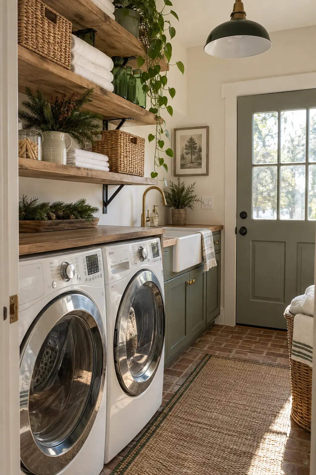 Open laundry shelves with white towels, green glass bottles, woven baskets, and restrained evergreen sprigs