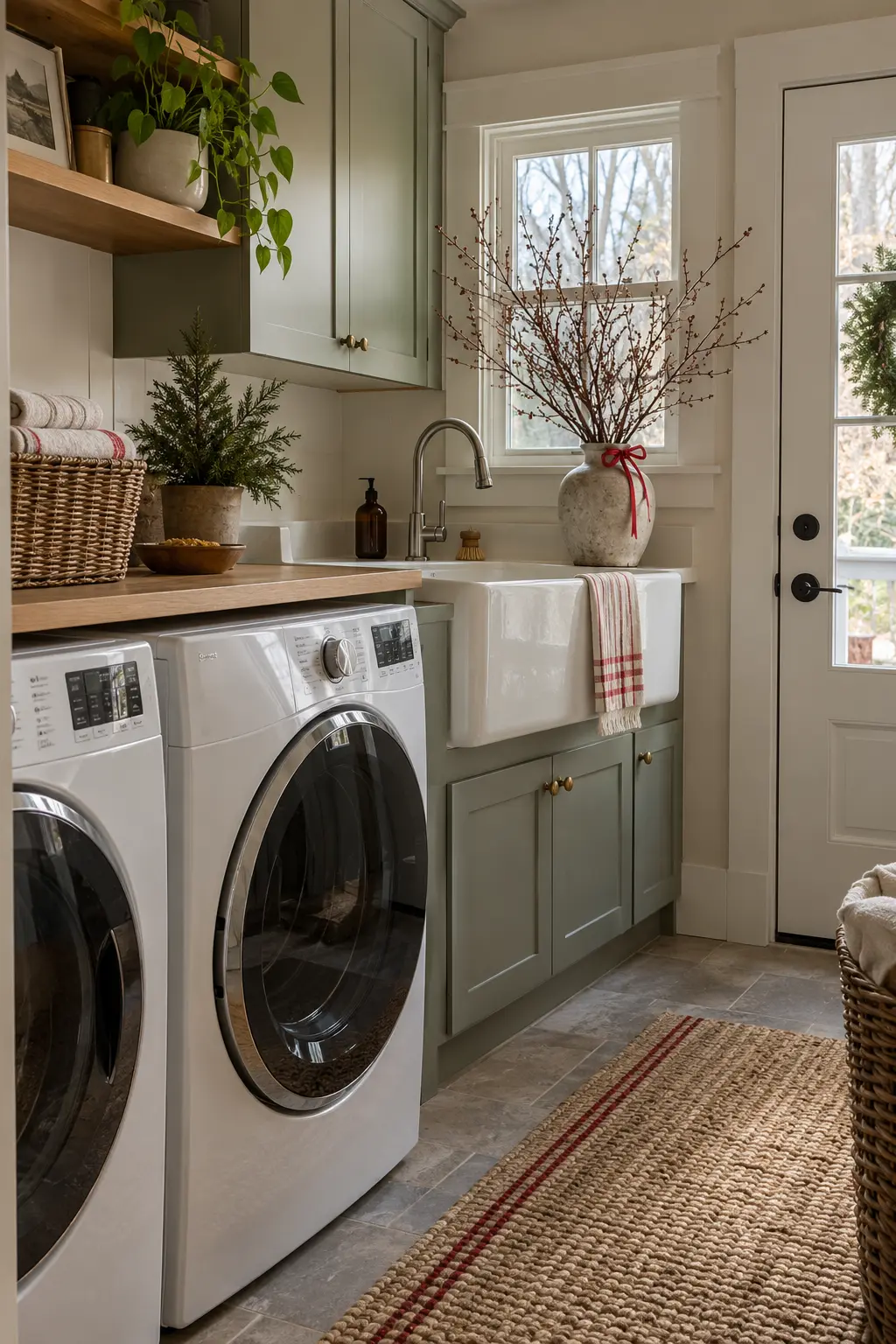 Utility sink corner with a heavy stoneware vase of bare winter branches, a tiny red ribbon, and clear faucet access