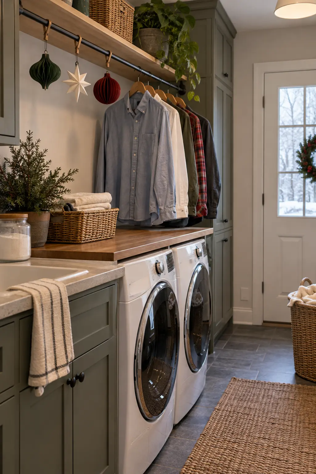 Laundry hanging rod with three lightweight matte ornaments clipped high above neatly hung shirts, with generous clearance