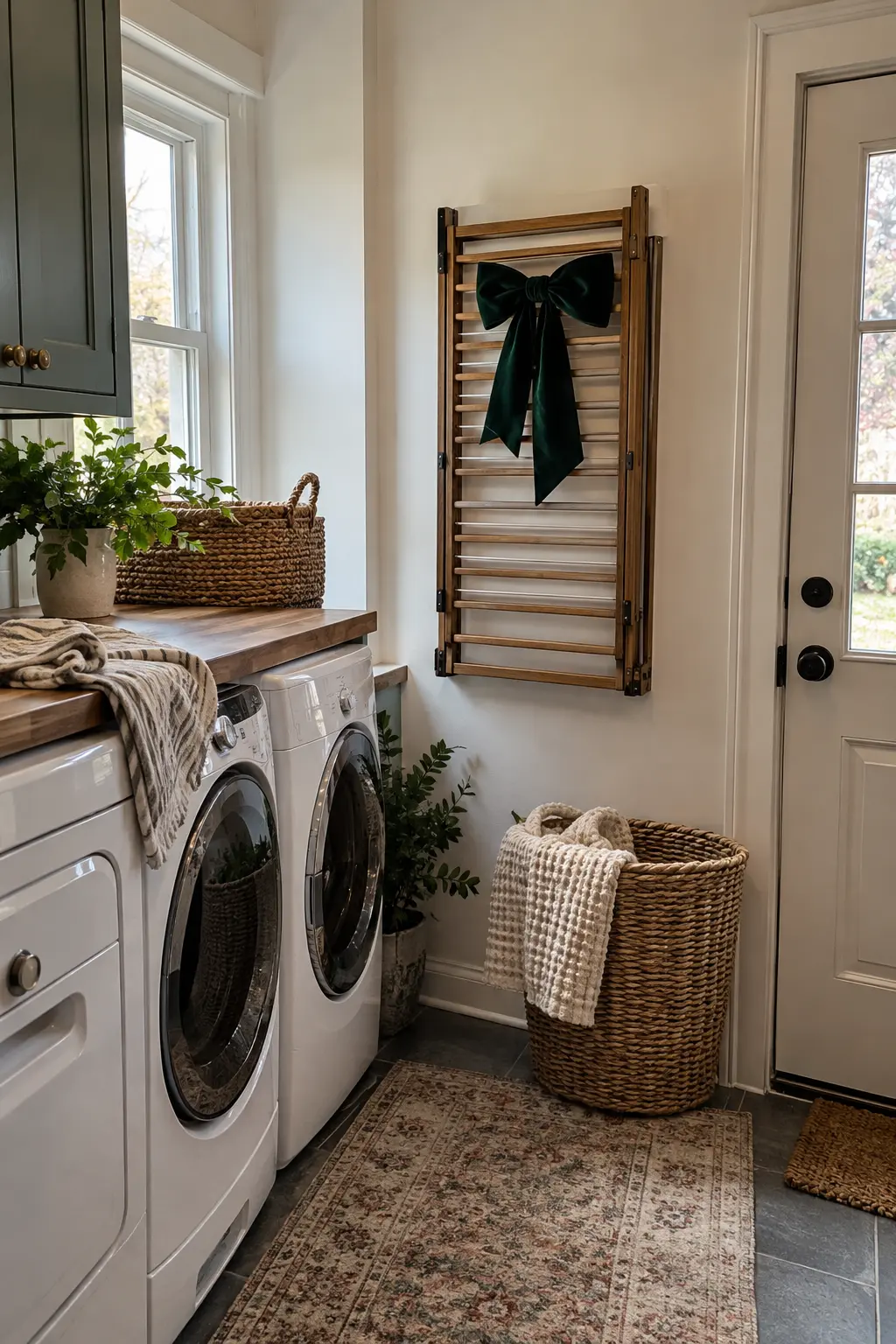 Wall-mounted fold-down laundry drying rack closed flat with one removable forest green velvet bow