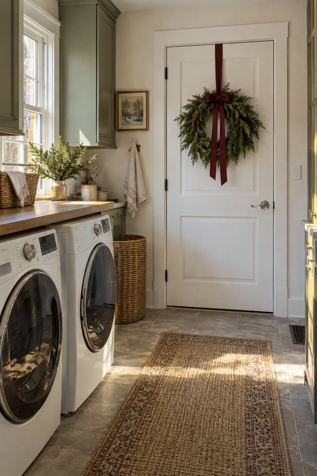 Interior laundry room door with a simple cedar wreath, burgundy ribbon, and clear lever handle
