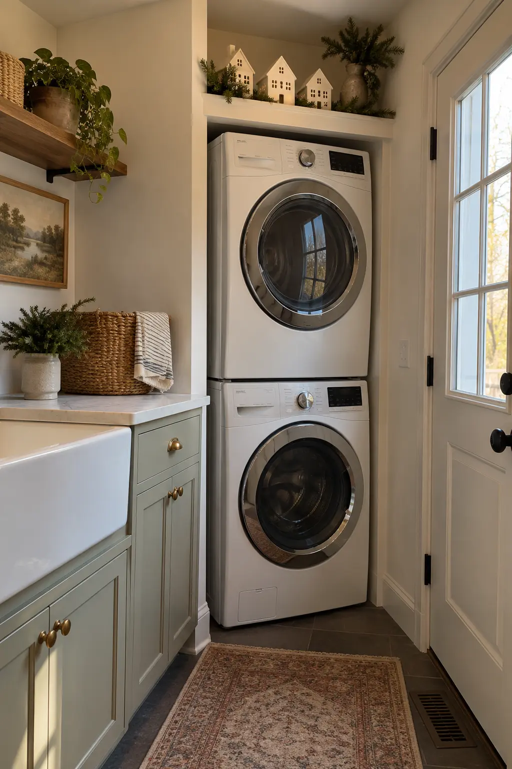Stacked washer dryer nook with a high fixed ledge displaying three simple white ceramic houses and evergreen sprigs