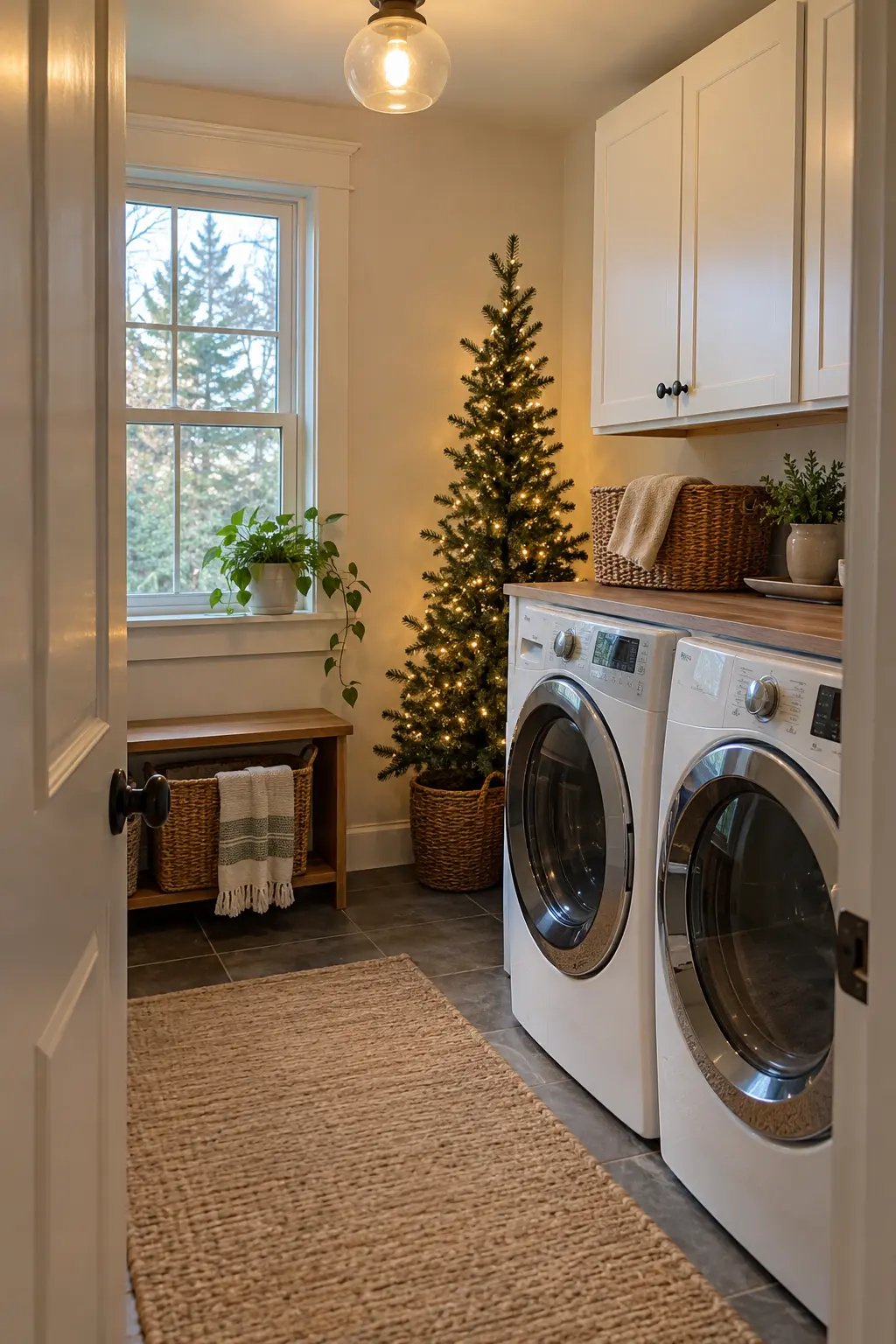 Laundry room corner with a very slim tabletop-height Christmas tree in a woven basket, simple warm lights, and no ornaments near appliances