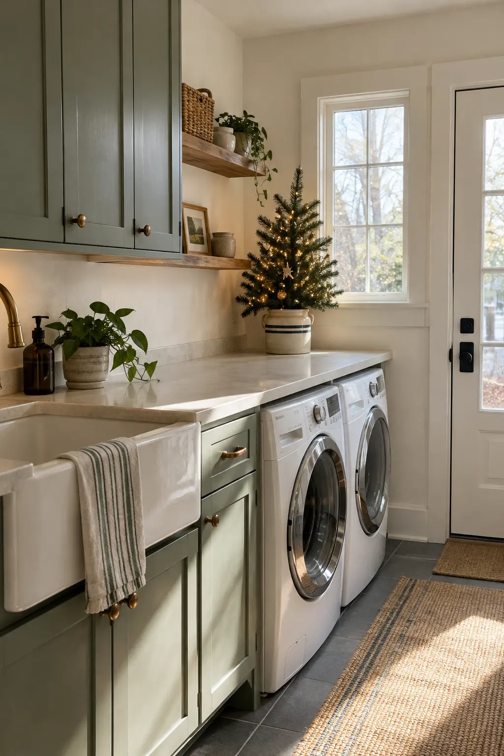 Bright laundry folding counter with one compact tabletop Christmas tree in a ceramic crock at the far end, counter mostly clear