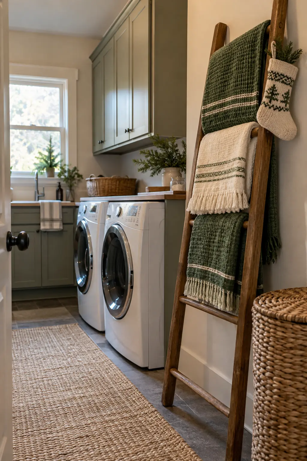 Laundry room blanket ladder with folded green and cream utility linens and one small knit stocking, safely away from machines