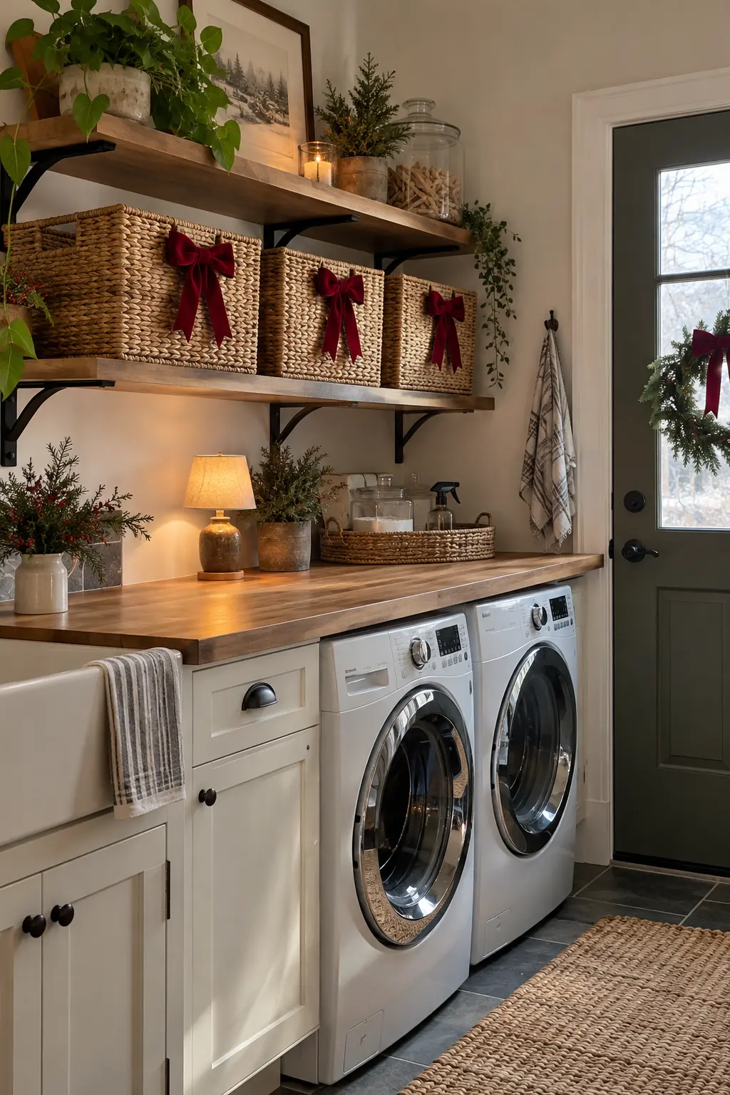 Laundry shelves with three woven sorting baskets finished with simple removable cranberry bows