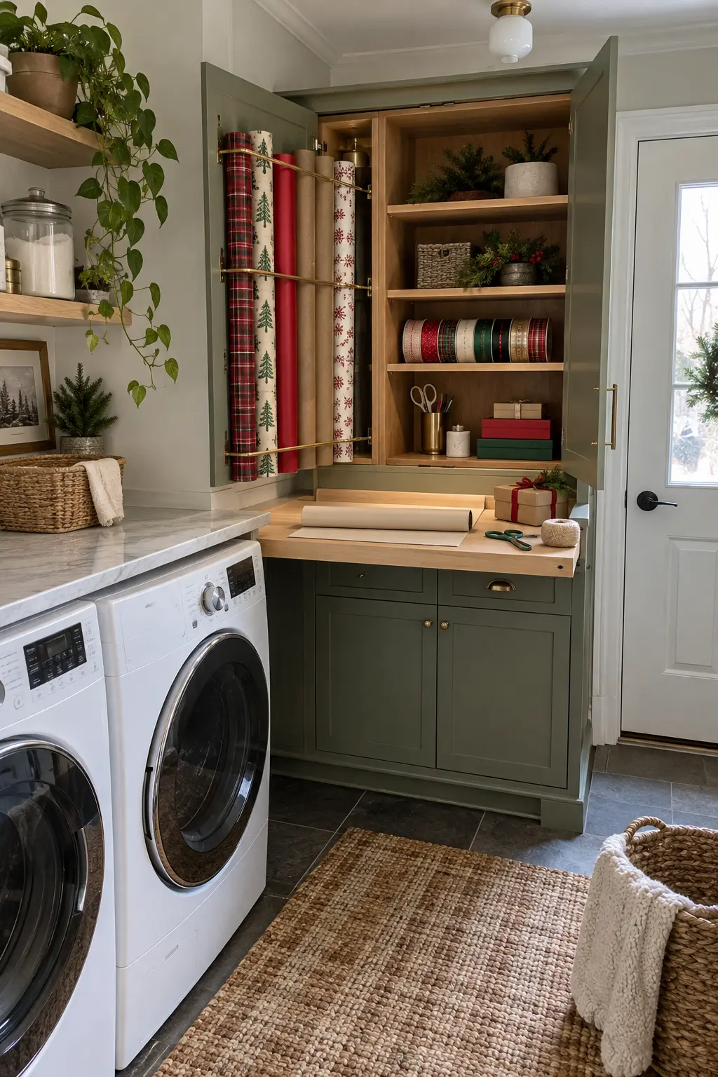 Open laundry cabinet organized as a Christmas gift wrap station with upright paper rolls, ribbon spools, scissors in a cup, and clear work surface