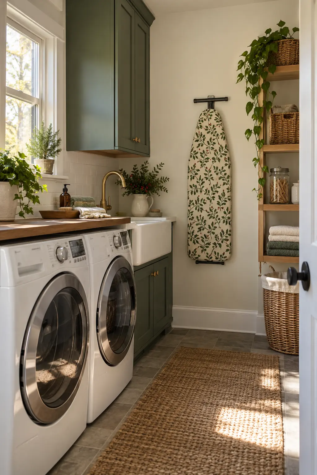 Wall-hung ironing board with a subtle forest green and cream botanical cover in a tidy laundry room