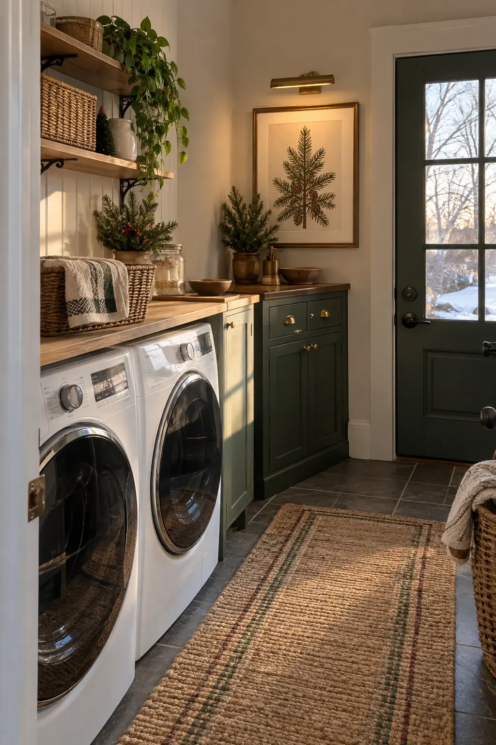 Laundry room wall above a side cabinet with one framed winter evergreen botanical print and small brass picture light