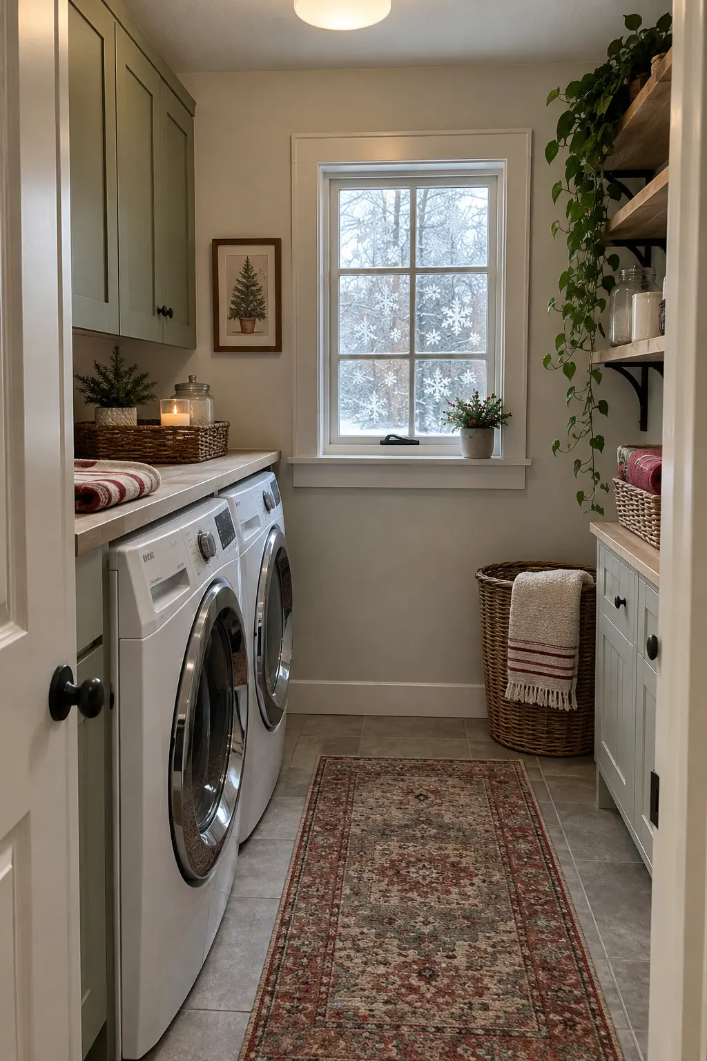 Small laundry room window with sparse translucent removable snowflake decals, daylight, and clear latch