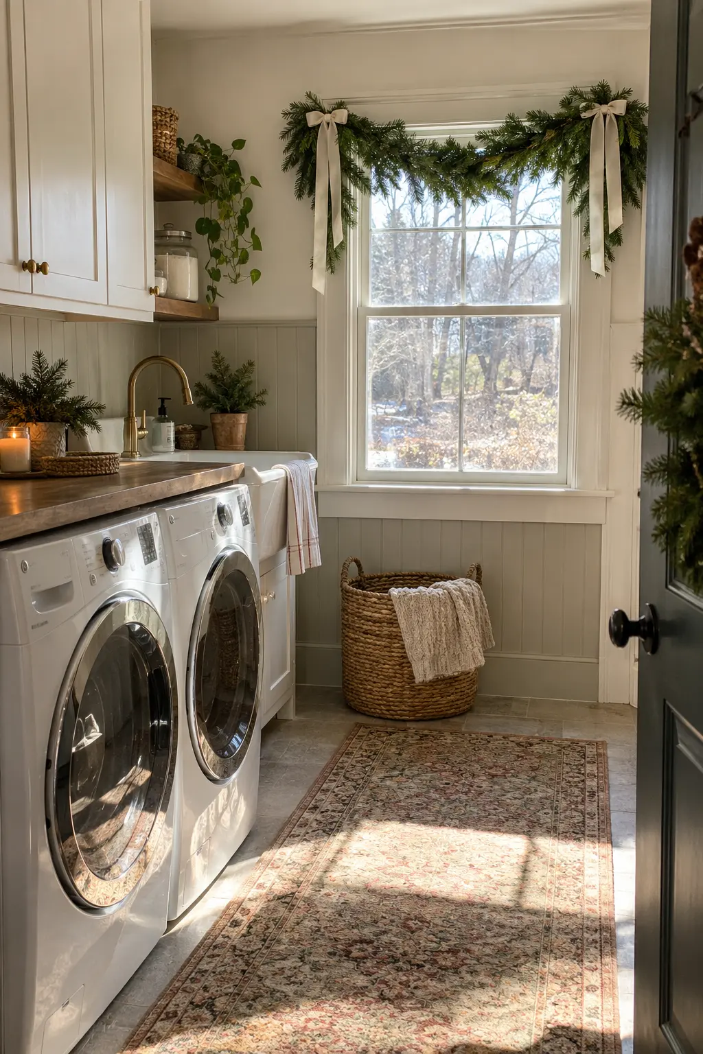 Laundry room window framed at the top by a short cedar garland valance with soft cream ribbon, glass unobstructed