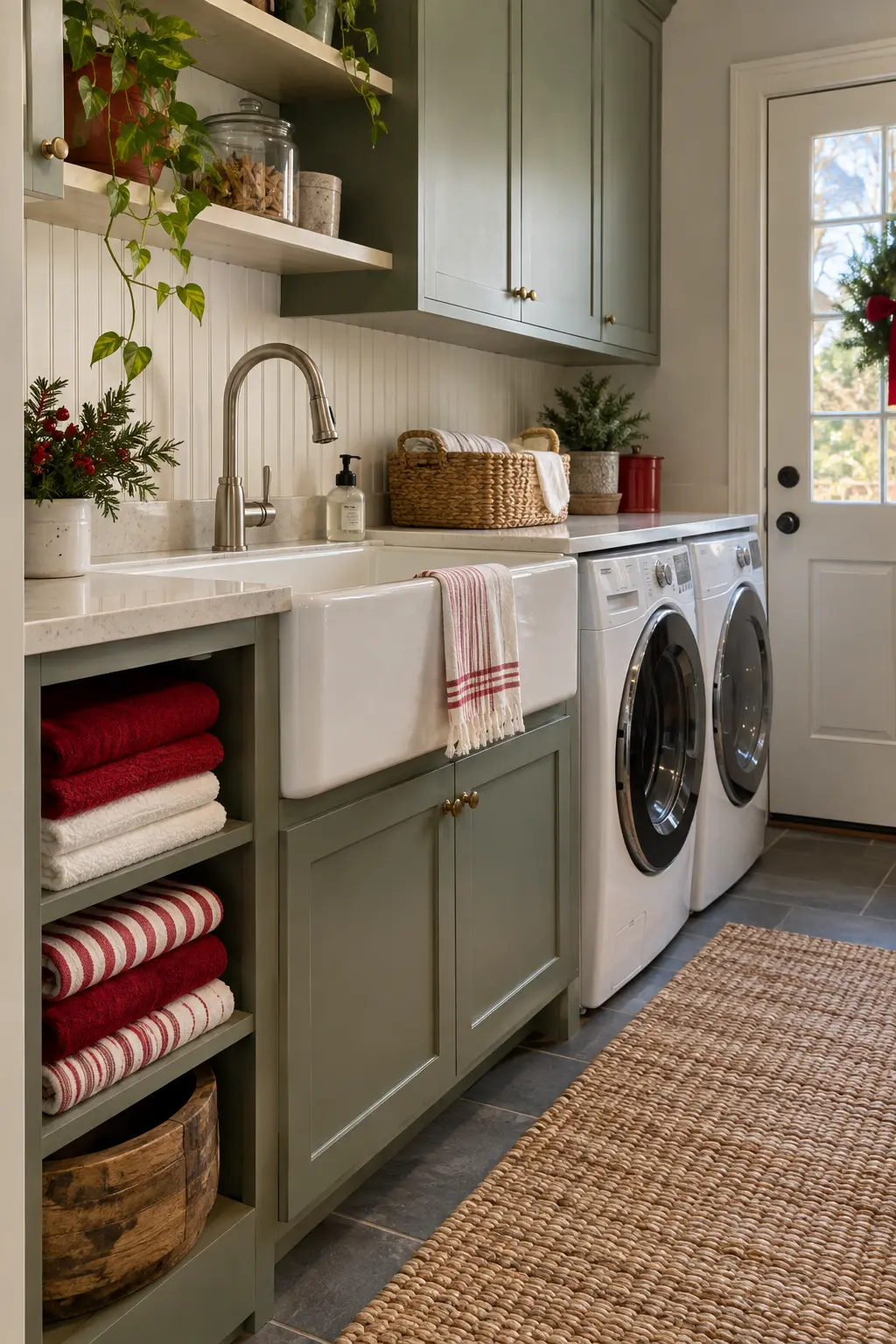 Laundry room utility sink with neatly folded red, white, and striped cleaning towels in an open cubby