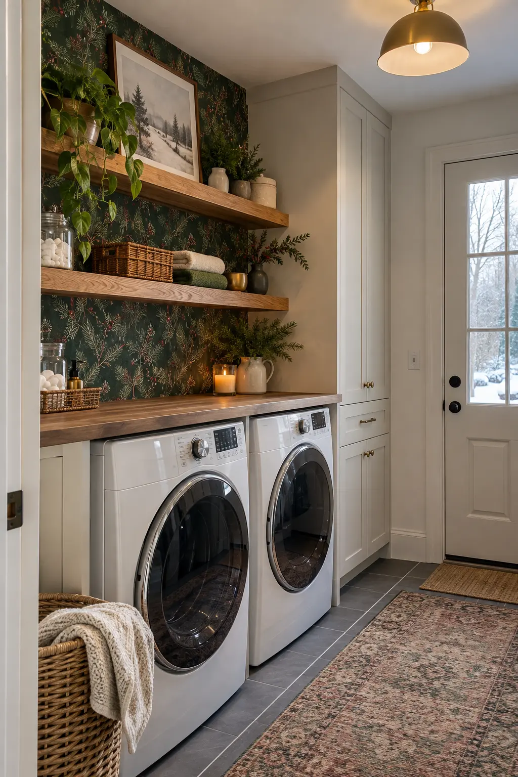 Laundry room with one removable evergreen-pattern accent panel behind open wood shelves, clean modern styling