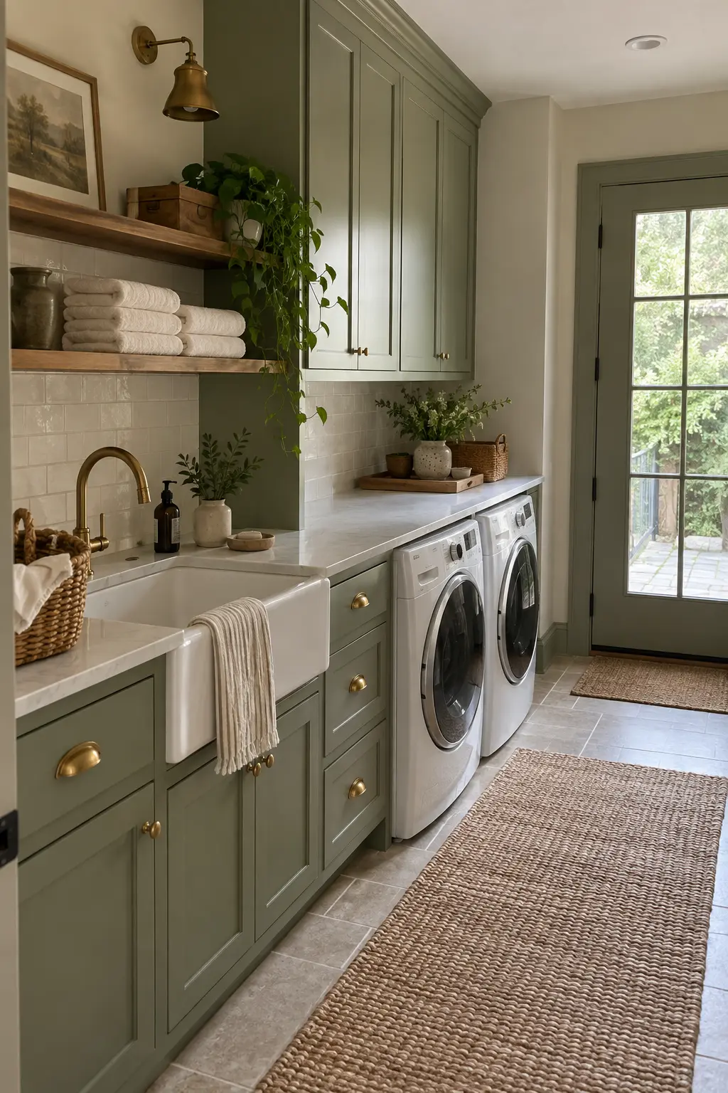Sage green laundry cabinets with restrained brass bells, cream linens, and cedar accents in a bright functional room