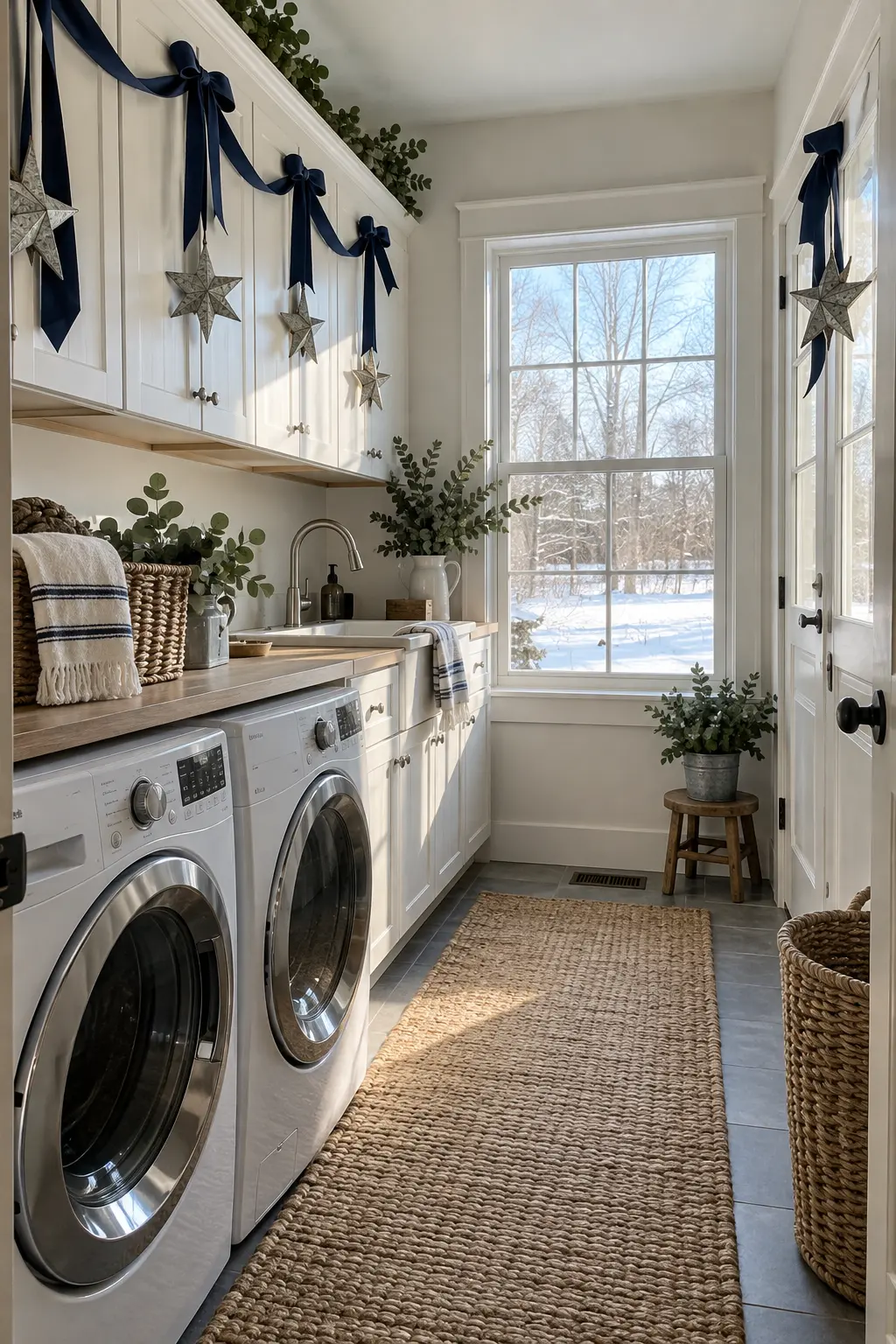 White laundry room styled with navy ribbon, silver metal stars, eucalyptus, and cool winter daylight