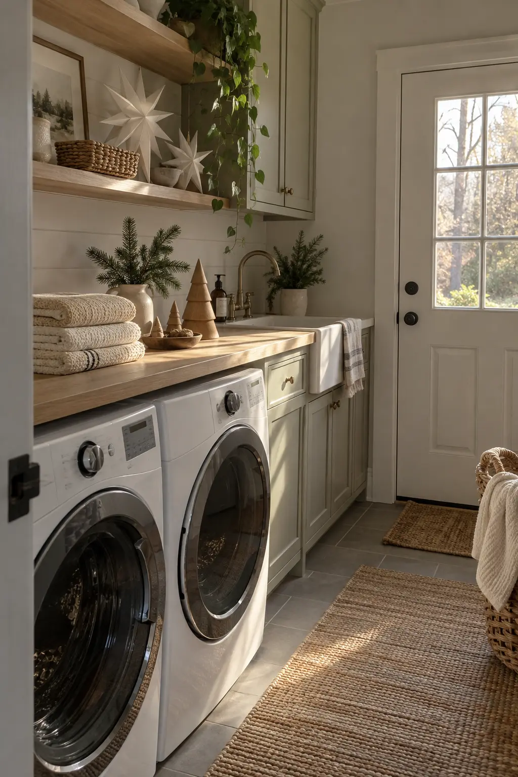 Minimal Scandinavian laundry room with natural wood tree ornaments, white paper stars, folded cream towels, and evergreen sprig
