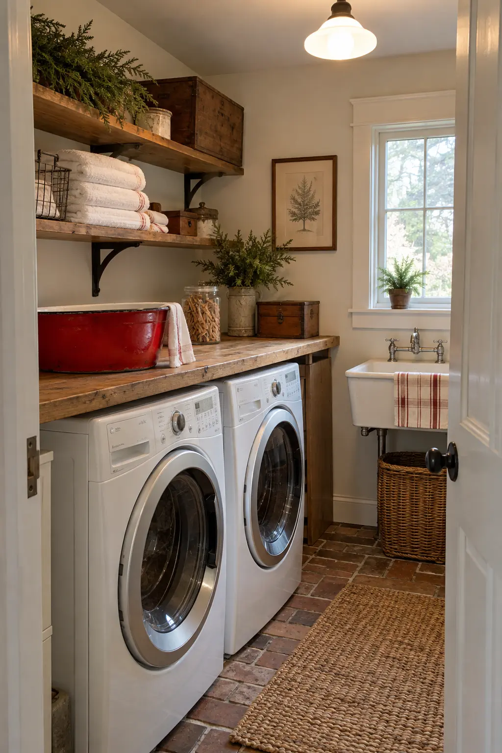Vintage-inspired laundry shelf with a red enamel basin, folded white towels, old wood clothespins, and cedar