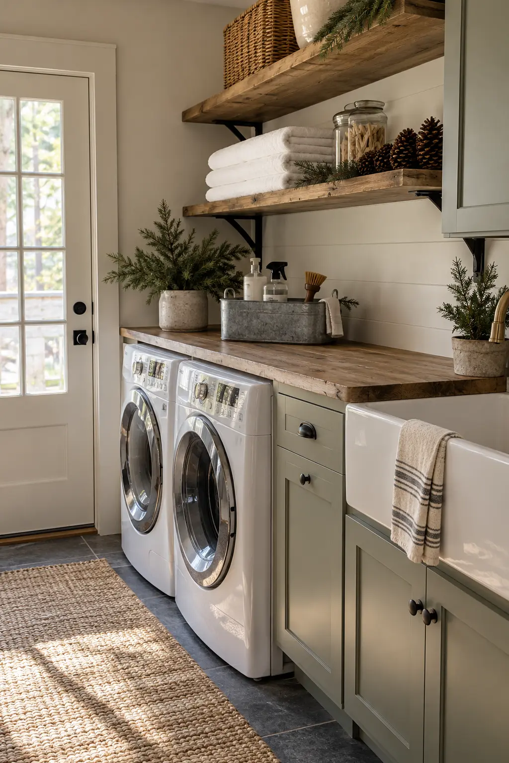 Farmhouse laundry room shelf with one galvanized caddy, pinecones, evergreen, white towels, and practical supplies