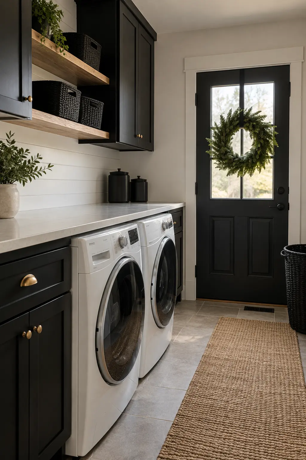 Modern black and white laundry room with a single graphic evergreen wreath, matte black baskets, and clear counters