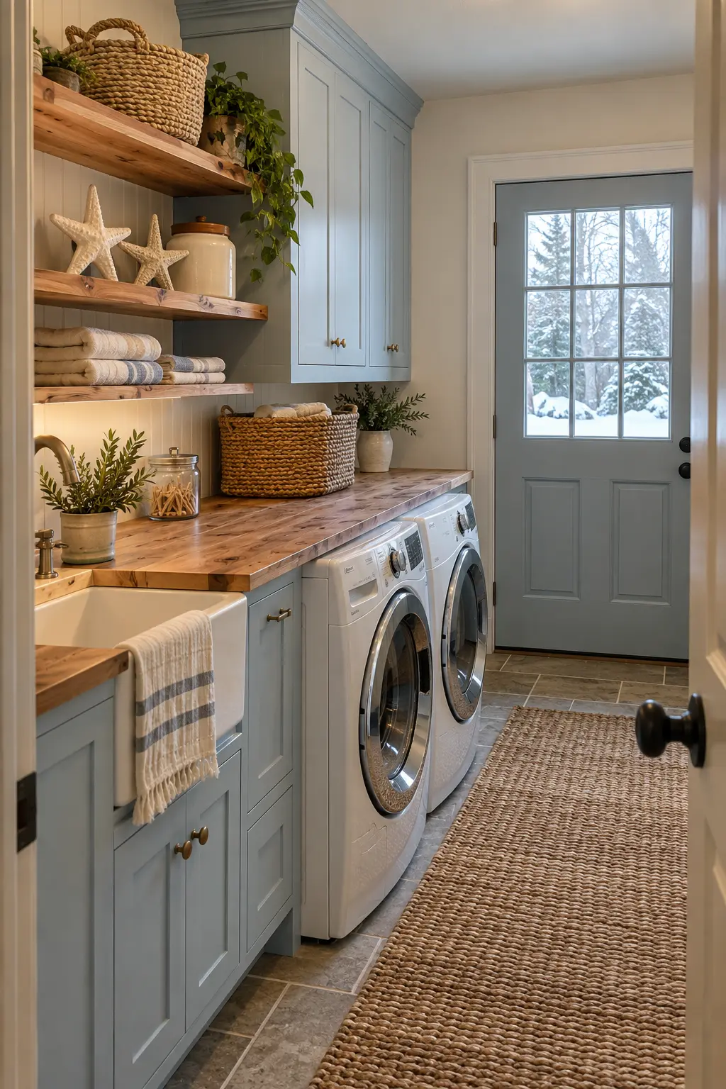 Coastal laundry room with pale blue cabinets, natural cedar, rope basket, and cream star ornaments