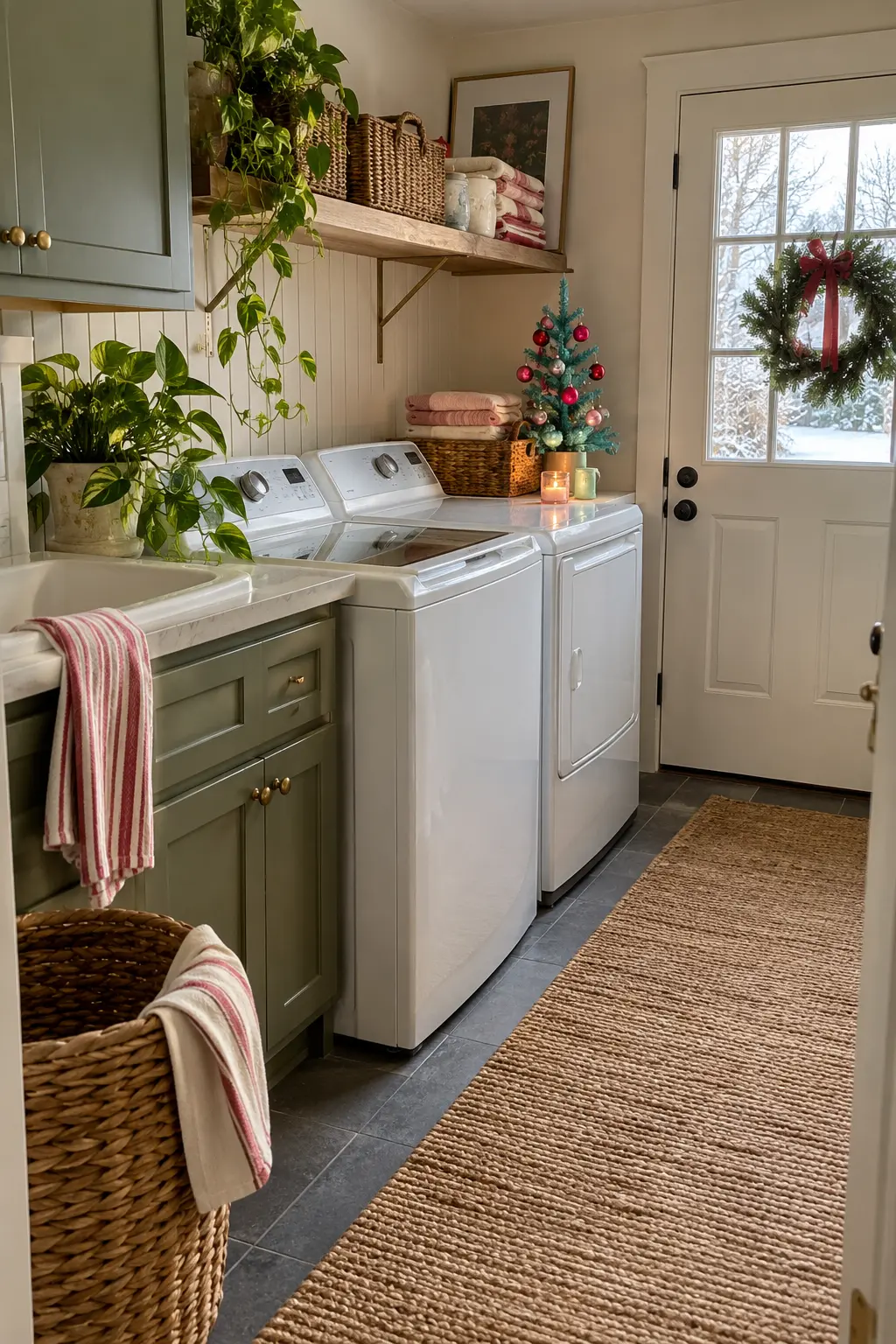 Cheerful retro laundry room with small turquoise tabletop tree, red and pink shatterproof ornaments, and white appliances