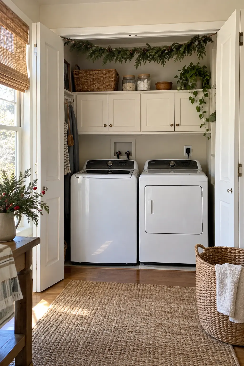 Open laundry closet with a slim tension rod above side-by-side machines carrying a lightweight cedar garland