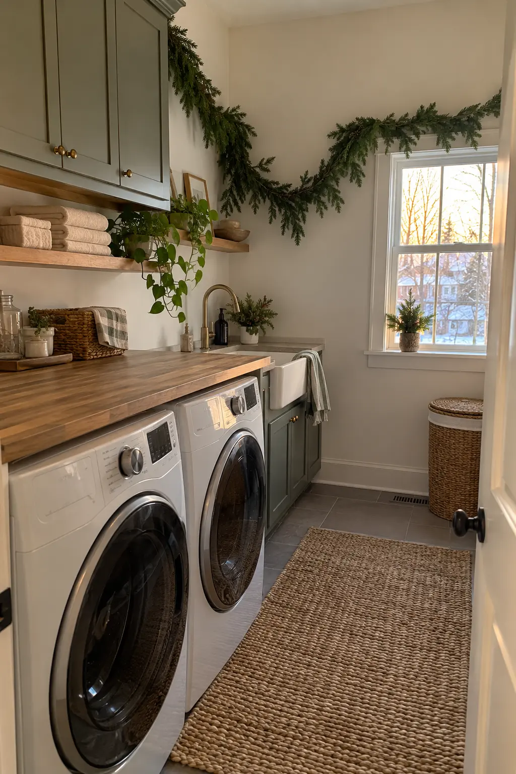 Rental laundry room with a loose asymmetrical evergreen wall garland held by small clear removable hooks