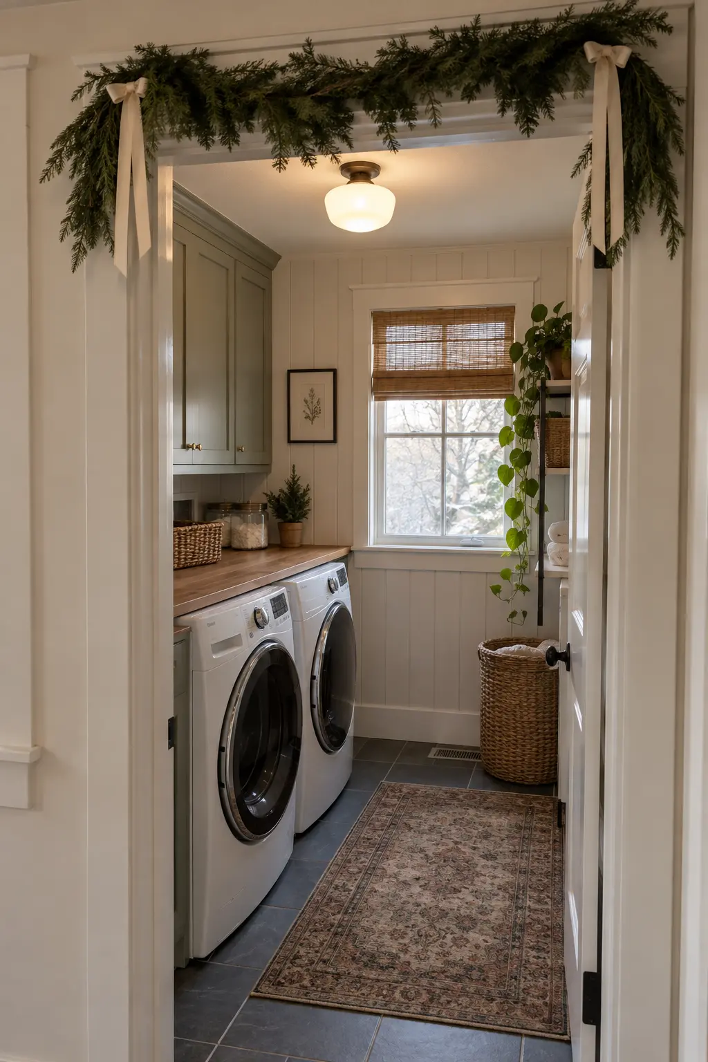 Compact apartment laundry nook with a short evergreen swag above the doorway and small cream ribbon loops