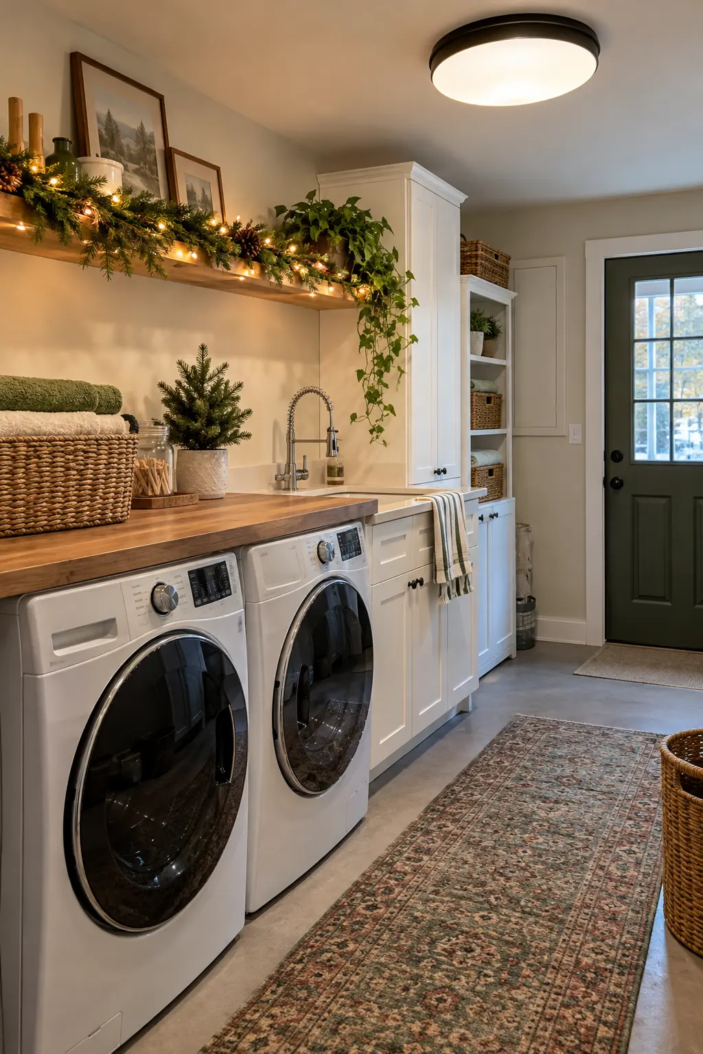 Finished basement laundry room with bright ceiling light, a simple lit evergreen shelf garland, and organized white storage