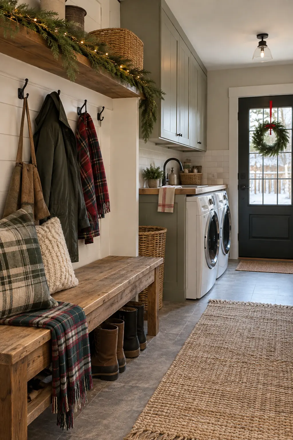 Combined mudroom laundry with cedar garland on the shelf above a wood bench, boots below, and clear coat hooks