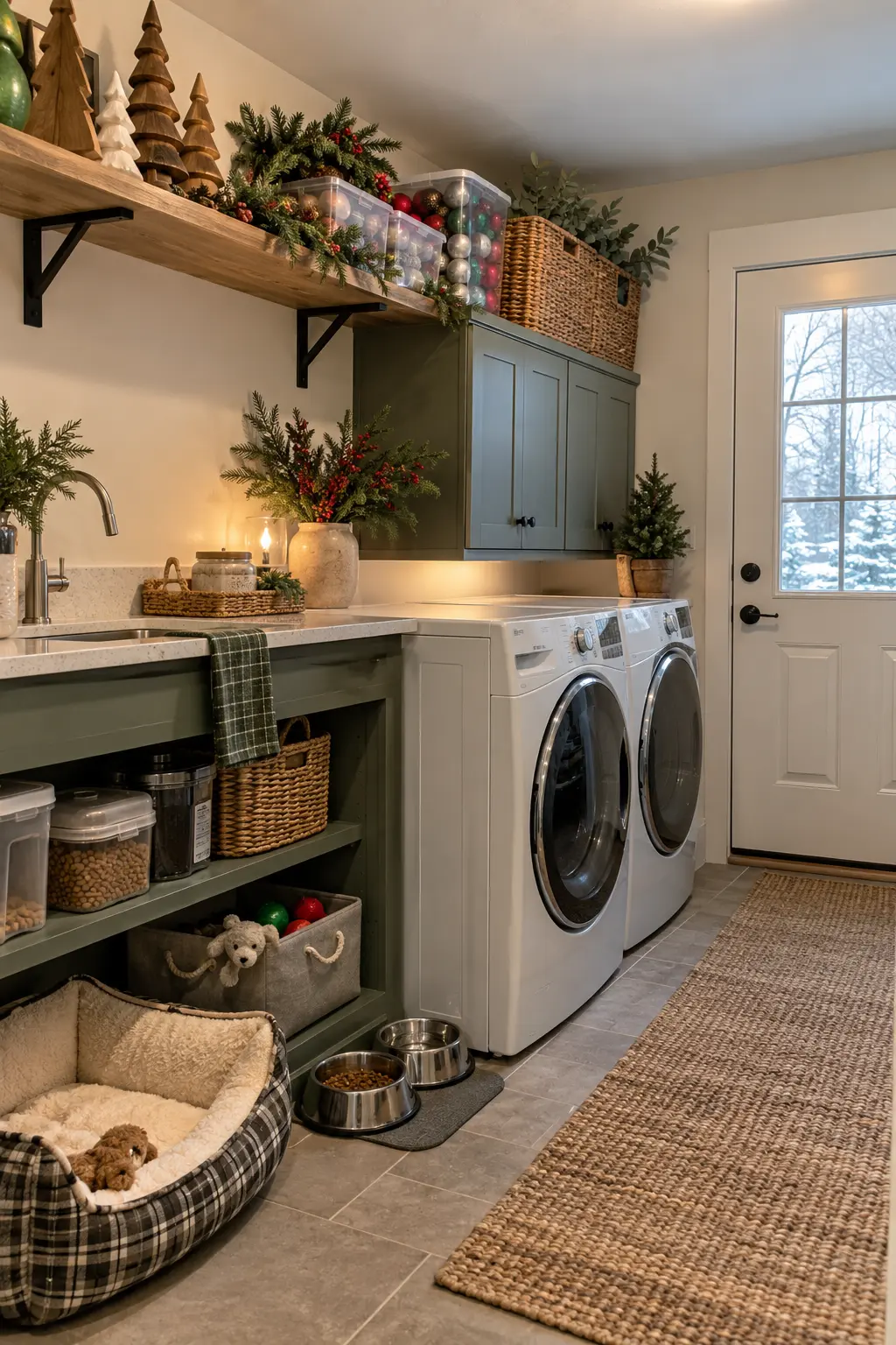 Laundry room with pet supplies below and a high shelf holding secured wood trees, faux cedar, and shatterproof ornaments