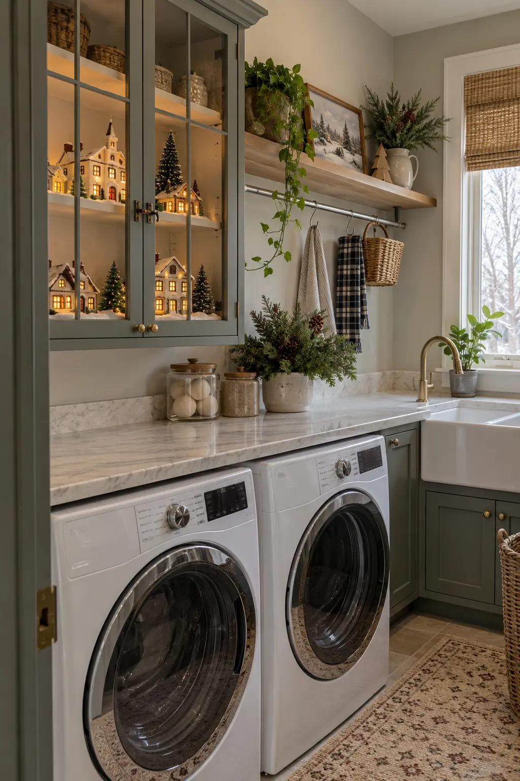 Laundry room glass-front upper cabinet with a small secured ceramic village and evergreen, cleaning products locked elsewhere
