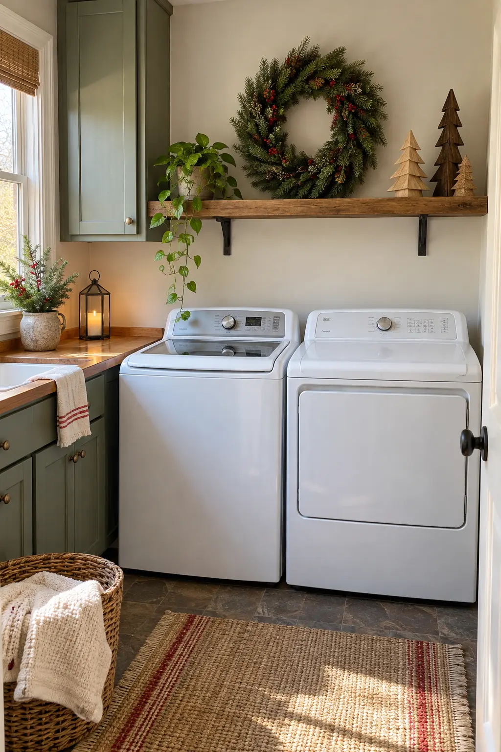 Laundry room with clear dryer top and a wall-mounted shallow shelf above holding a wreath and small wood trees at safe clearance