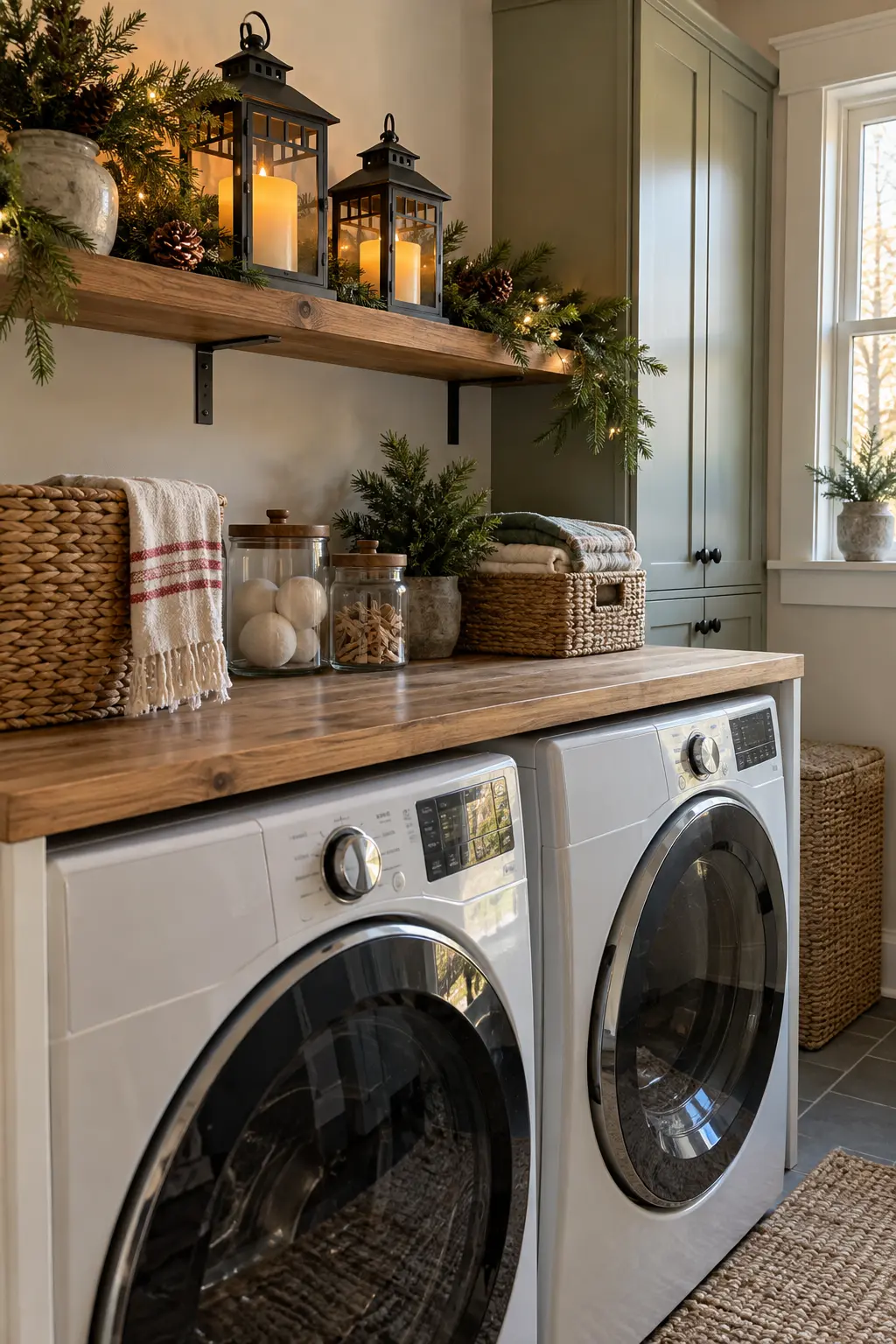 Laundry room upper shelf with two vented lanterns containing warm LED candles beside evergreen, no real flame