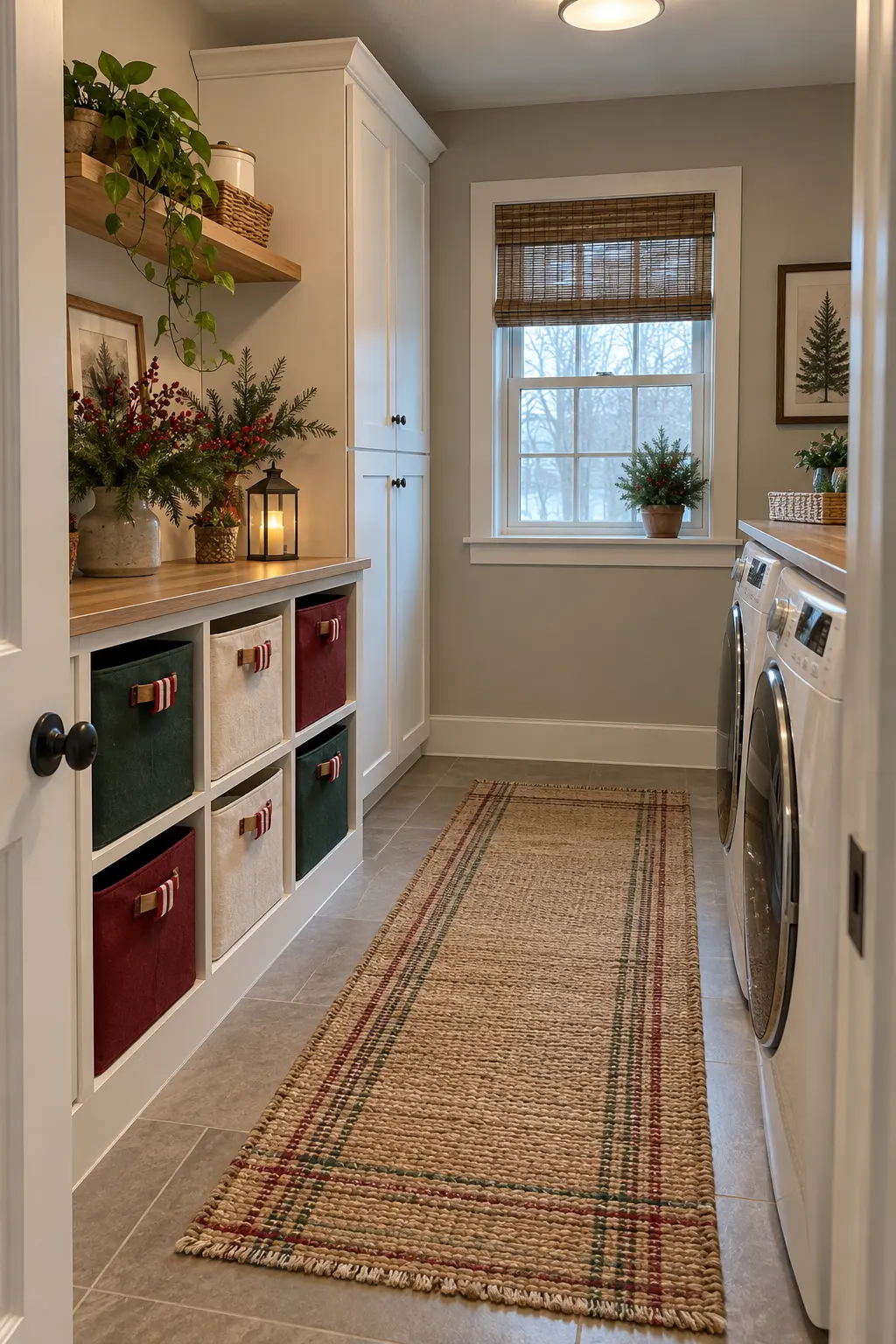 Laundry room hamper cubbies with forest green, cream, and cranberry fabric baskets, short ribbon handle wraps, clear walkway