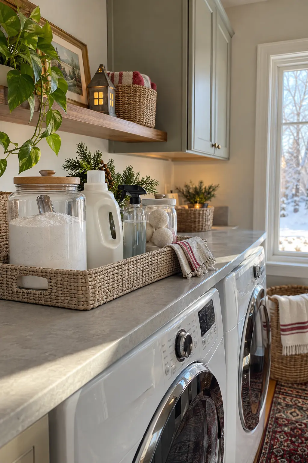 Laundry counter with a washable tray holding original labeled laundry products and one cedar sprig at the back