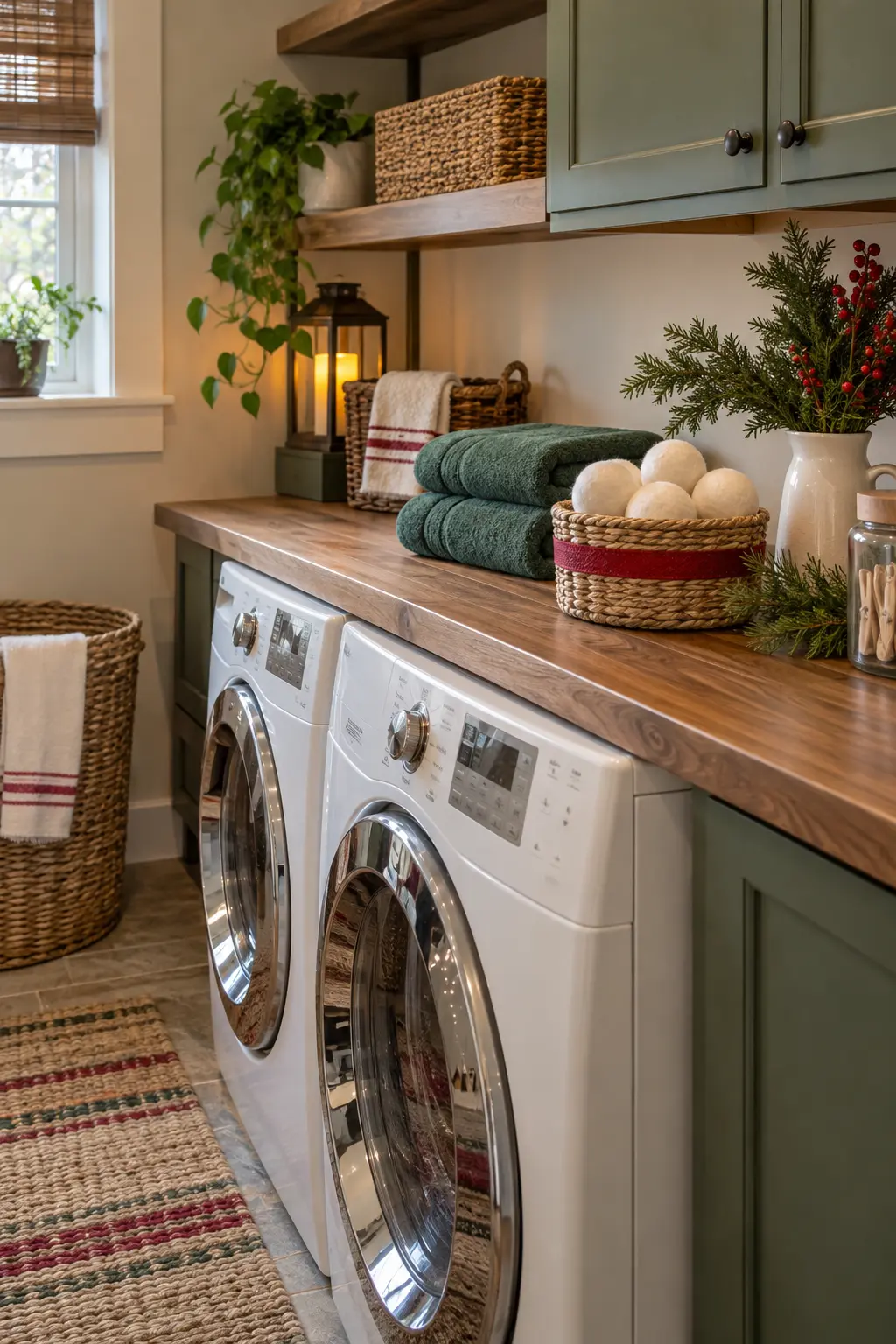 Laundry shelf with natural wool dryer balls in a small open basket, cranberry ribbon band, folded green towels