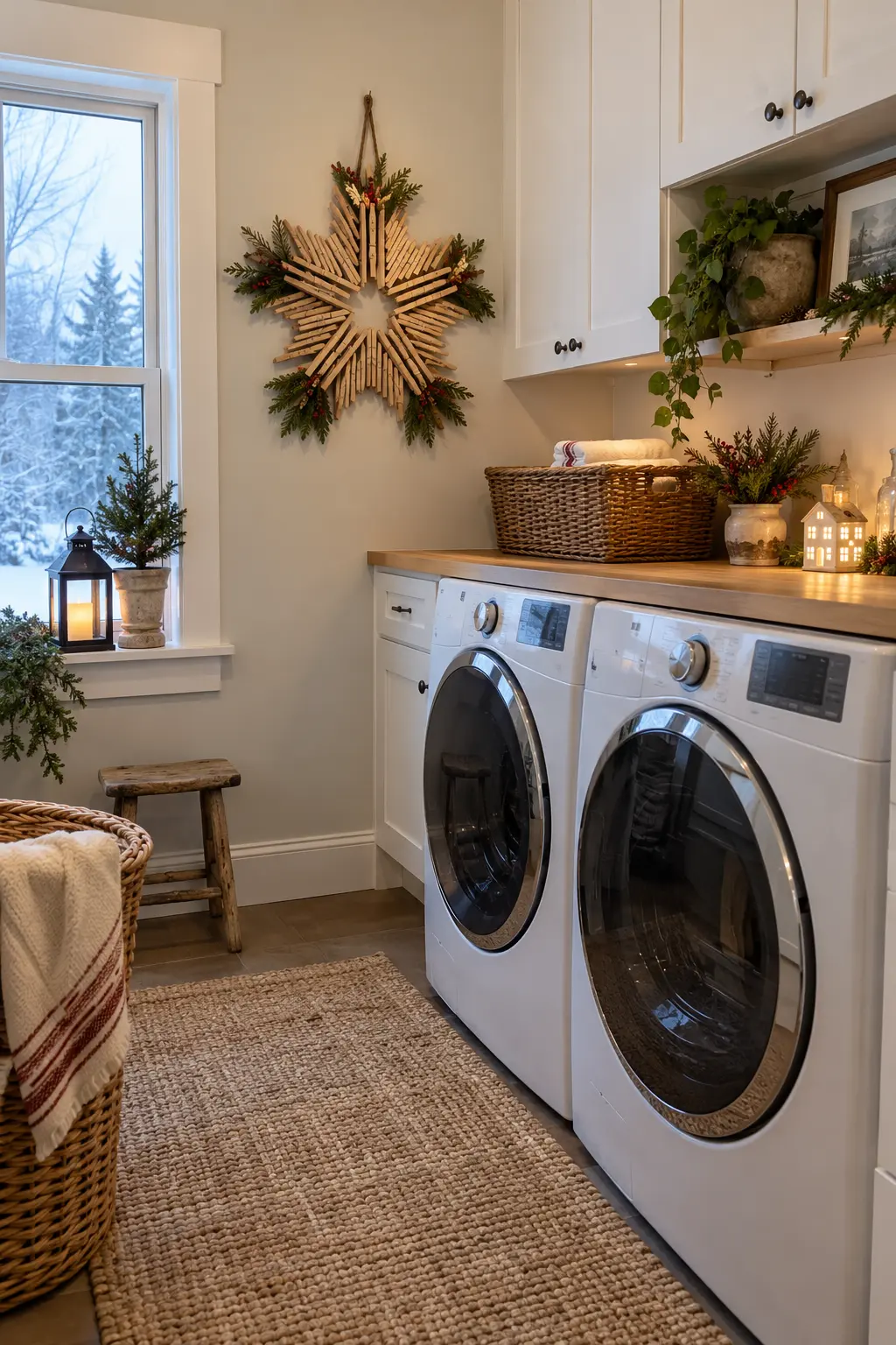 Laundry room wall with a handmade natural wood clothespin star wreath, tiny cedar accents, and white cabinetry