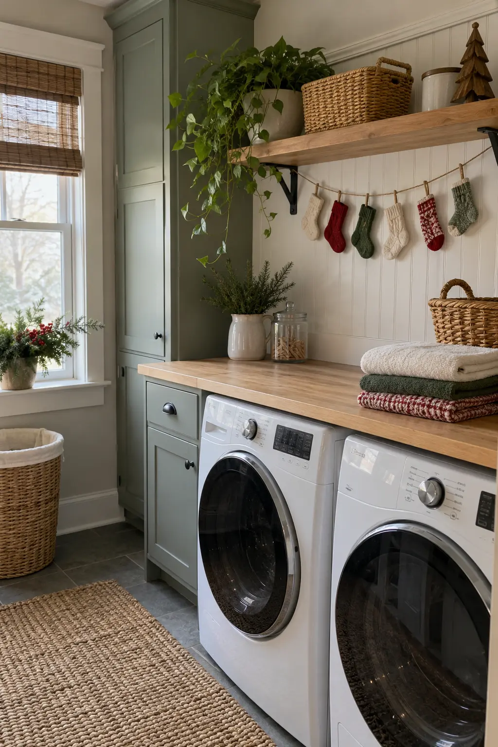 Laundry room wall above sorting counter with a short garland of six miniature knit socks in cream, red, and green